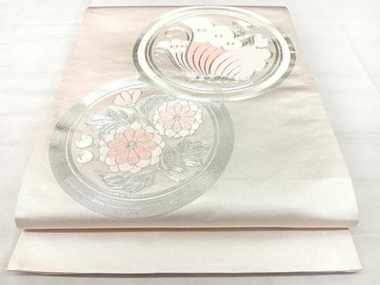 平和屋着物◎太鼓柄袋帯　総刺繍　駒刺繍　花蝶丸文　銀糸　正絹　逸品　BAAX5225qw