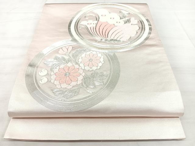 平和屋着物◎太鼓柄袋帯　総刺繍　駒刺繍　花蝶丸文　銀糸　正絹　逸品　BAAX5225qw