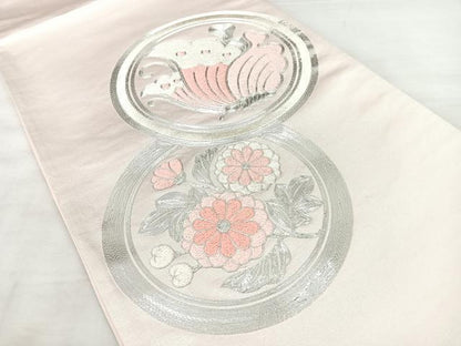平和屋着物◎太鼓柄袋帯　総刺繍　駒刺繍　花蝶丸文　銀糸　正絹　逸品　BAAX5225qw
