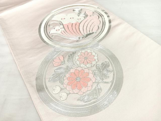 平和屋着物◎太鼓柄袋帯　総刺繍　駒刺繍　花蝶丸文　銀糸　正絹　逸品　BAAX5225qw