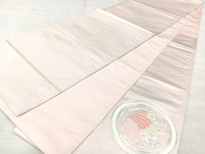 平和屋着物◎太鼓柄袋帯　総刺繍　駒刺繍　花蝶丸文　銀糸　正絹　逸品　BAAX5225qw