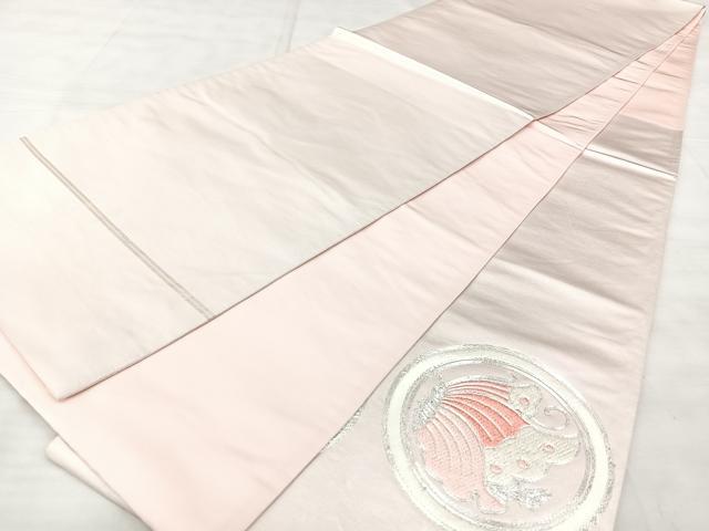 平和屋着物◎太鼓柄袋帯　総刺繍　駒刺繍　花蝶丸文　銀糸　正絹　逸品　BAAX5225qw