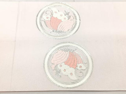 平和屋着物◎太鼓柄袋帯　総刺繍　駒刺繍　花蝶丸文　銀糸　正絹　逸品　BAAX5225qw
