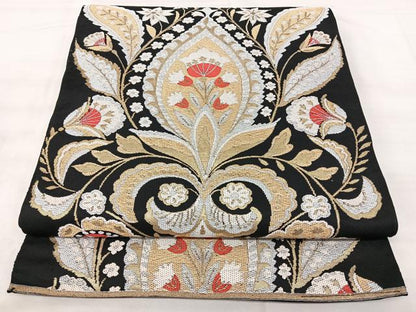 平和屋着物◎六通柄　本袋帯　更紗花文　黒地　金銀糸　正絹　逸品　BAAX5232qw