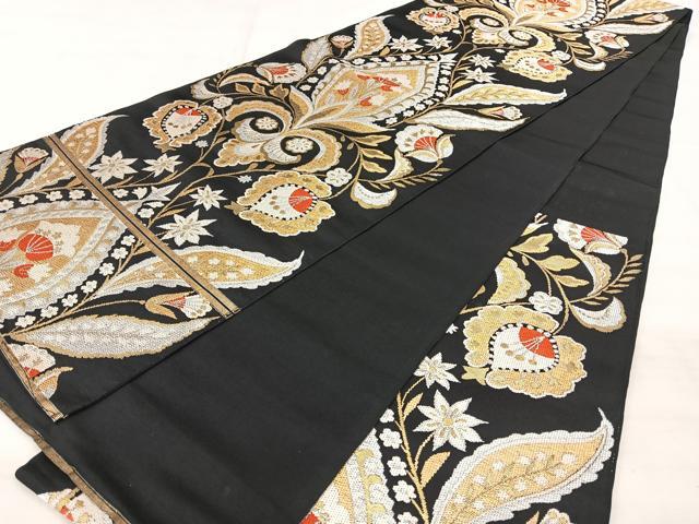 平和屋着物◎六通柄　本袋帯　更紗花文　黒地　金銀糸　正絹　逸品　BAAX5232qw