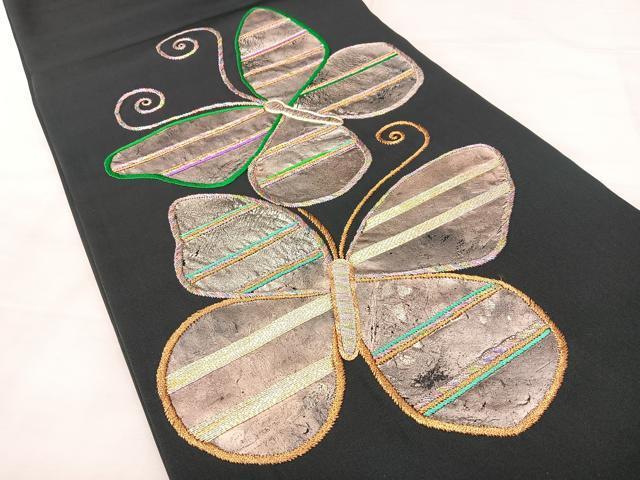 平和屋着物◎塩瀬　太鼓柄袋帯　駒刺繍　舞蝶文　黒地　正絹　逸品　BAAX5235qw