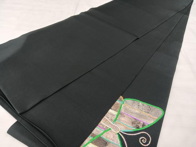 平和屋着物◎塩瀬　太鼓柄袋帯　駒刺繍　舞蝶文　黒地　正絹　逸品　BAAX5235qw