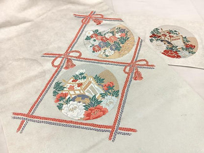 平和屋着物◎九寸名古屋帯　青銅箔　御所車花文　金銀糸　正絹　逸品　BAAX5236qw