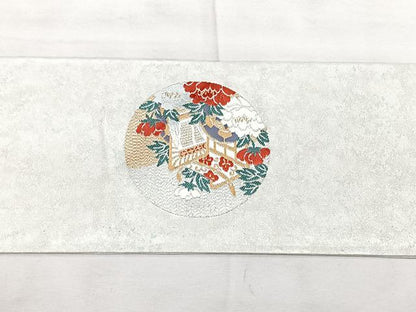 平和屋着物◎九寸名古屋帯　青銅箔　御所車花文　金銀糸　正絹　逸品　BAAX5236qw