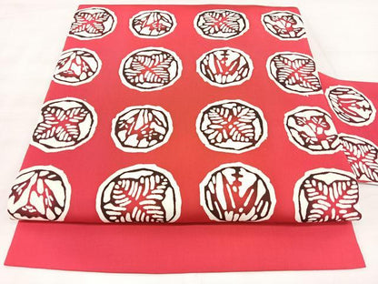 平和屋着物◎塩瀬　全通柄　九寸名古屋帯　型染め　花丸文　正絹　逸品　BAAX5237qw