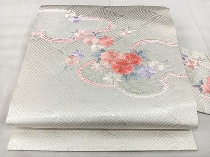 平和屋着物◎九寸名古屋帯　総刺繍　立波花文　銀糸　たけうちオリジナル　正絹　逸品　BAAX5238qw