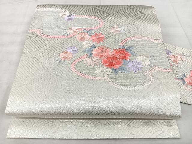平和屋着物◎九寸名古屋帯　総刺繍　立波花文　銀糸　たけうちオリジナル　正絹　逸品　BAAX5238qw