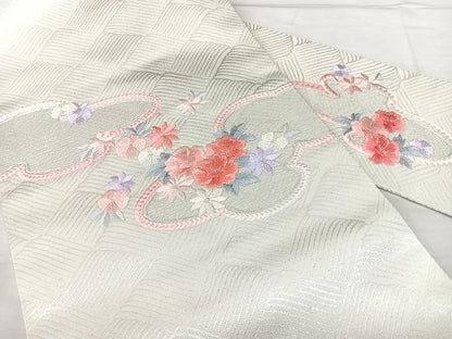 平和屋着物◎九寸名古屋帯　総刺繍　立波花文　銀糸　たけうちオリジナル　正絹　逸品　BAAX5238qw