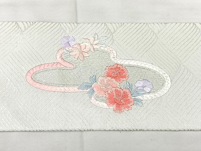 平和屋着物◎九寸名古屋帯　総刺繍　立波花文　銀糸　たけうちオリジナル　正絹　逸品　BAAX5238qw