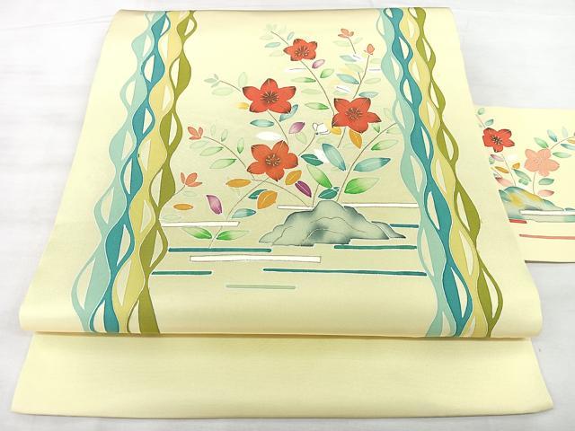 平和屋着物◎塩瀬　九寸名古屋帯　風景花文　金彩　正絹　逸品　BAAX5243qw