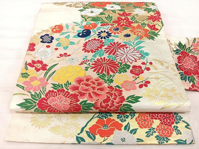 平和屋着物◎アンティーク　大正ロマン　九寸名古屋帯　唐織　草花文　正絹　逸品　BAAX5248qw