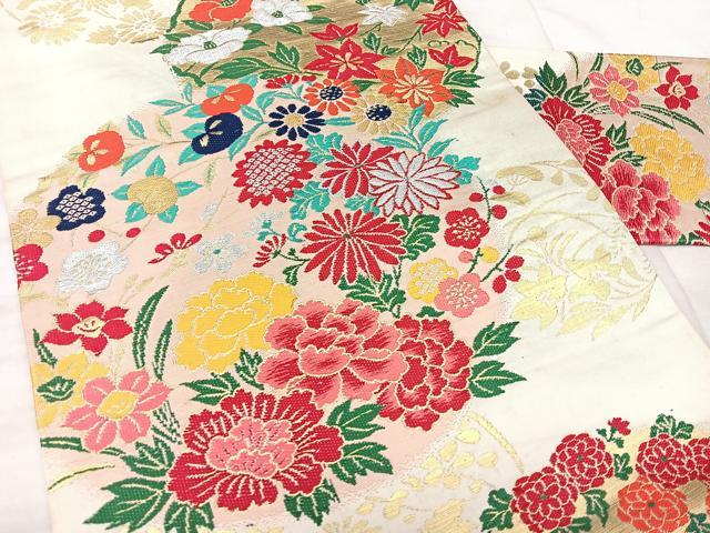 平和屋着物◎アンティーク　大正ロマン　九寸名古屋帯　唐織　草花文　正絹　逸品　BAAX5248qw