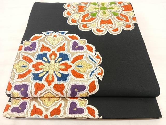 平和屋着物◎六通柄袋帯　唐織　正倉院草花文　黒地　金糸　正絹　逸品　BAAX5252qw