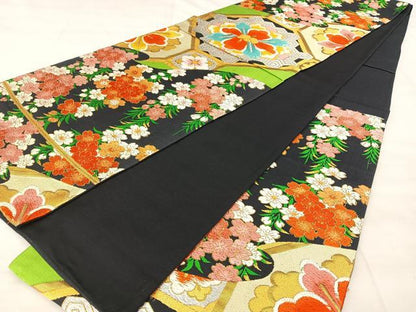 平和屋着物◎六通柄袋帯　唐織　蜀江花文　黒地　金銀糸　正絹　逸品　BAAX5254qw