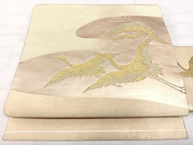 平和屋着物◎九寸名古屋帯　飛鶴文　金糸　正絹　逸品　BAAX5272qw