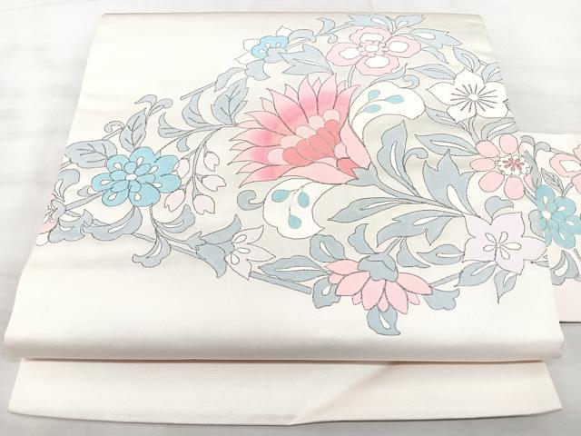 平和屋着物◎九寸名古屋帯　駒刺繍　洋花唐草文　正絹　逸品　BAAX5273qw