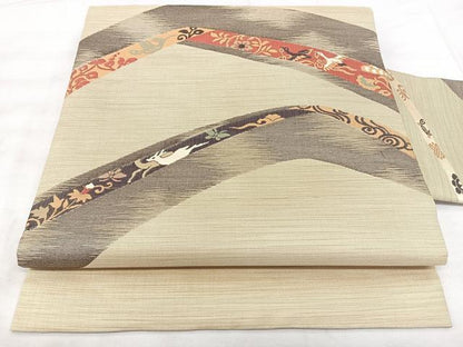 平和屋着物◎九寸名古屋帯　鳥獣風景文　正絹　逸品　BAAX5274qw