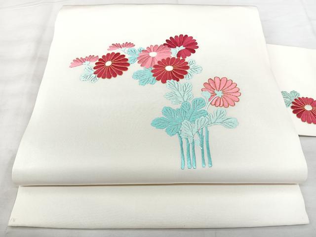 平和屋着物◎塩瀬　九寸名古屋帯　総刺繍　駒刺繍　菊文　正絹　逸品　BAAX5275qw
