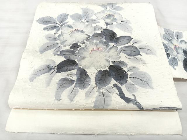 平和屋着物◎九寸名古屋帯　作家物　髭紬　手描き　枝花文　正絹　逸品　BAAX5276qw