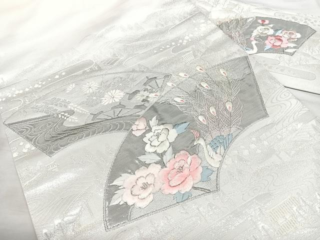平和屋着物◎九寸名古屋帯　刺繍　地紙孔雀花文　プラチナ　正絹　逸品　BAAX5277qw