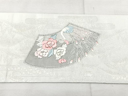 平和屋着物◎九寸名古屋帯　刺繍　地紙孔雀花文　プラチナ　正絹　逸品　BAAX5277qw