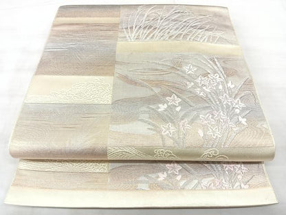 平和屋着物◎八寸名古屋帯　流水花文　銀糸　正絹　逸品　BAAX5284qw