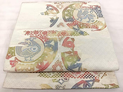 平和屋着物◎本場筑前博多織　八寸名古屋帯　鳥獣丸文　金糸　正絹　逸品　BAAX5285qw