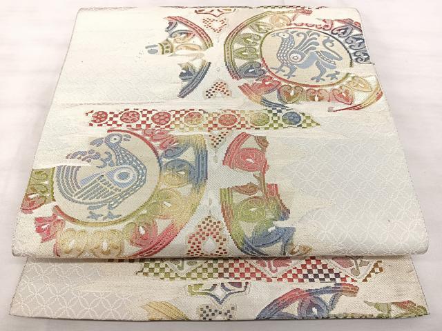 平和屋着物◎本場筑前博多織　八寸名古屋帯　鳥獣丸文　金糸　正絹　逸品　BAAX5285qw