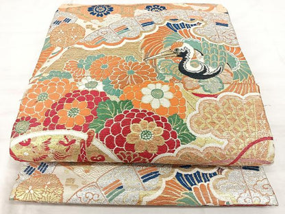 平和屋着物◎アンティーク　大正ロマン　丸帯　飛鶴扇花鼓文　金糸　正絹　逸品　BAAX5289qw