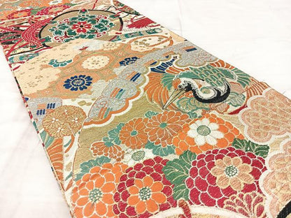 平和屋着物◎アンティーク　大正ロマン　丸帯　飛鶴扇花鼓文　金糸　正絹　逸品　BAAX5289qw