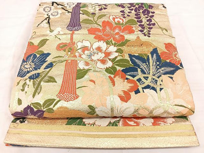 平和屋着物◎アンティーク　大正ロマン　丸帯　草花文　金糸　正絹　逸品　BAAX5290qw