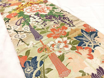 平和屋着物◎アンティーク　大正ロマン　丸帯　草花文　金糸　正絹　逸品　BAAX5290qw