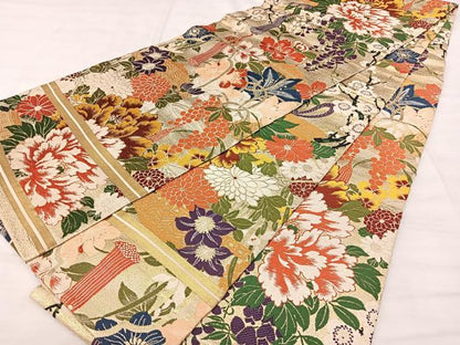 平和屋着物◎アンティーク　大正ロマン　丸帯　草花文　金糸　正絹　逸品　BAAX5290qw