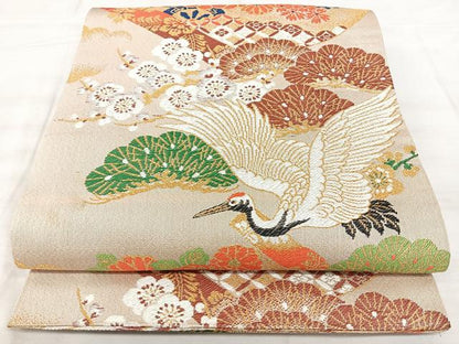 平和屋着物◎アンティーク　大正ロマン　両面　丸帯　飛鶴花文　金糸　BAAX5291qw