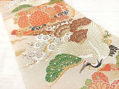 平和屋着物◎アンティーク　大正ロマン　両面　丸帯　飛鶴花文　金糸　BAAX5291qw