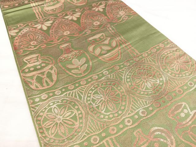 平和屋着物◎西陣　六通柄袋帯　陶器花文　金糸　証紙付き　正絹　逸品　BAAX5307qw