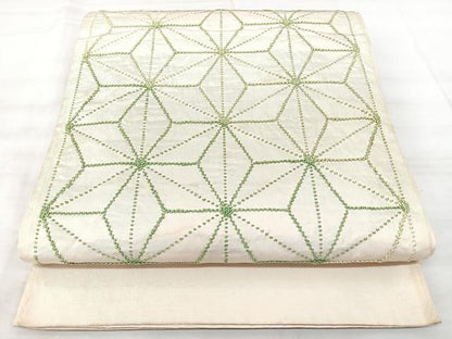 平和屋着物◎太鼓柄袋帯　織佐賀良　刺繍　笹の葉文様　正絹　逸品　BAAX5310qw