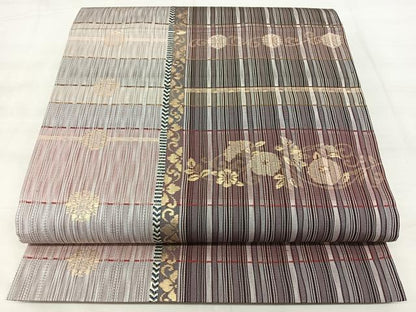 平和屋着物◎六通柄袋帯　花唐草間道　金糸　正絹　逸品　BAAX5311qw