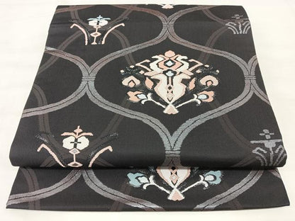 平和屋着物◎九寸開き名古屋帯　網目花文　正絹　逸品　BAAX5322qw
