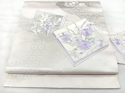 平和屋着物◎九寸名古屋帯　駒刺繍　色紙花文　銀糸　正絹　逸品　BAAX5324qw