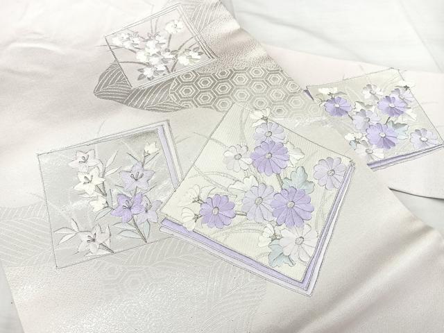 平和屋着物◎九寸名古屋帯 駒刺繍 色紙花文 銀糸 正絹 逸品