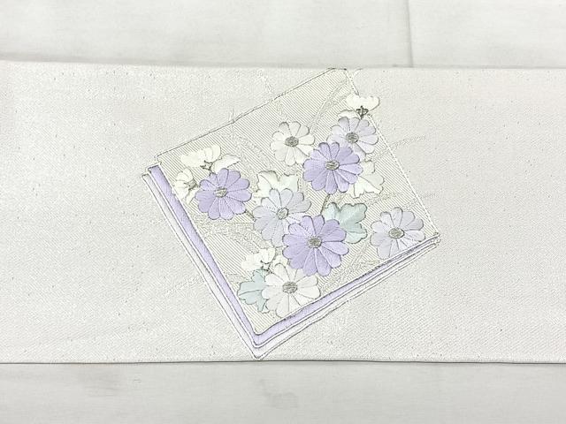 平和屋着物◎九寸名古屋帯 駒刺繍 色紙花文 銀糸 正絹 逸品