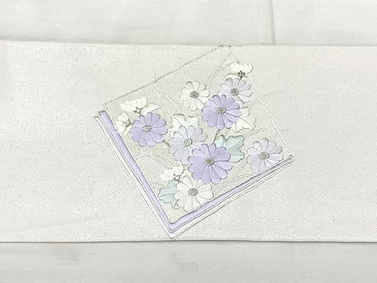 平和屋着物◎九寸名古屋帯　駒刺繍　色紙花文　銀糸　正絹　逸品　BAAX5324qw