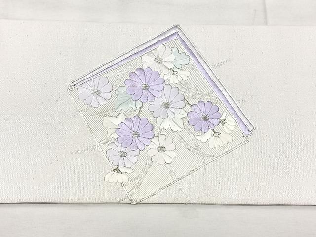 平和屋着物◎九寸名古屋帯　駒刺繍　色紙花文　銀糸　正絹　逸品　BAAX5324qw