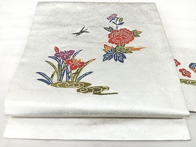 平和屋着物◎九寸名古屋帯　花鳥文　銀糸　正絹　逸品　BAAX5326qw
